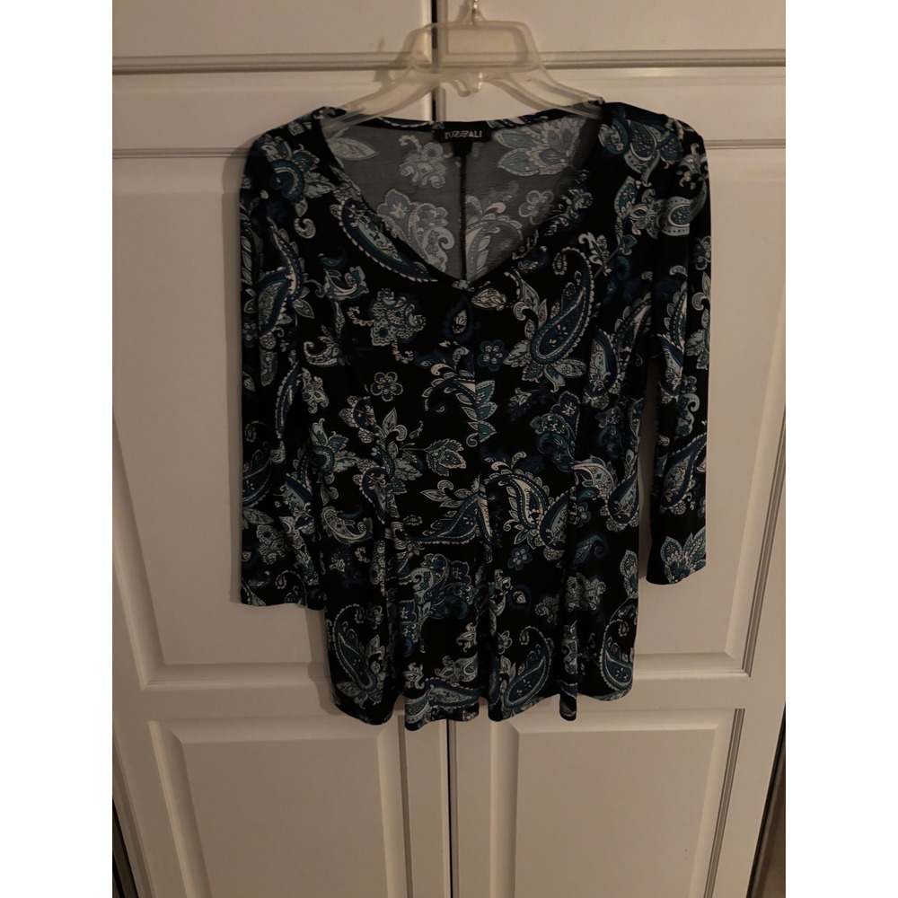 Roz Ali Black Blue Paisley Print V Neck 3/4 Sleeve Tunic‎ Top Women Size S